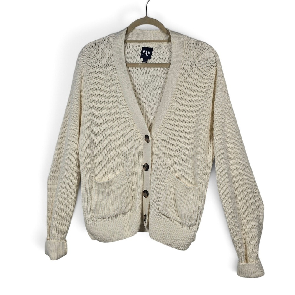 Gap Cardigan Womens Large Shaker Stitch Ivory Cotton V-Neck Button Front Pockets